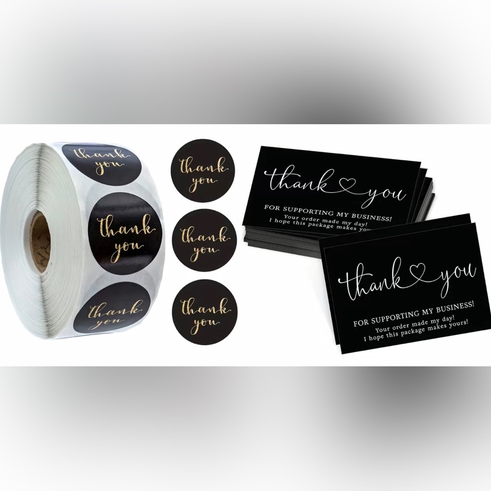 Sleek black thank you stickers (500) and cards (60).